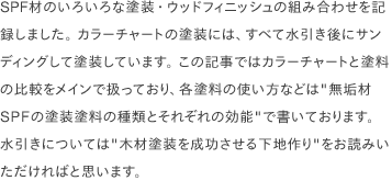 SPF材のいろいろな塗装・ウッドフィニッシュの組み合わせを記録しました。 カラーチャートの塗装には、すべて水引き後にサンディングして塗装しています。 この記事ではカラーチャートと塗料の比較をメインで扱っており、各塗料の使い方などは<a href="/scrap/article/2020-12_wood-paint-types/">"無垢材SPFの塗装塗料の種類とそれぞれの効能"</a>で書いております。 水引きについては<a href="/scrap/article/2020-11_wood-groundwork/">"木材塗装を成功させる下地作り"</a>をお読みいただければと思います。
