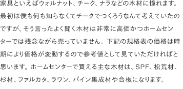 家具といえばウォルナット、チーク、ナラなどの木材に憧れます。 最初は僕も何も知らなくてチークでつくろうなんて考えていたのですが、そう言ったよく聞く木材は非常に高価かつホームセンターでは残念ながら売っていません。 下記の規格表の価格は時期により価格が変動するので参考値として見ていただければと思います。 ホームセンターで買える主な木材は、SPF、松荒材、杉材、ファルカタ、ラワン、パイン集成材や合板になります。