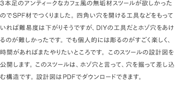3本足のアンティークなカフェ風の無垢材スツールが欲しかったのでSPF材でつくりました。 四角い穴を開ける工具などをもっていれば難易度は下がりそうですが、DIYの工具だとホゾ穴をあけるのが難しかったです。 でも個人的には彫るのがすごく楽しく、時間があればまたやりたいところです。このスツールの設計図を公開します。 このスツールは、ホゾ穴と言って、穴を掘って差し込む構造です。 設計図はPDFでダウンロードできます。 