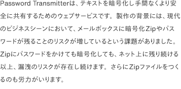 Password Transmitterは、テキストを暗号化し手間なくより安全に共有するためのウェブサービスです。製作の背景には、現代のビジネスシーンにおいて、メールボックスに暗号化Zipやパスワードが残ることのリスクが増しているという課題がありました。 Zipにパスワードをかけても暗号化しても、ネット上に残り続ける以上、漏洩のリスクが存在し続けます。さらにZipファイルをつくるのも労力がいります。