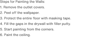 Steps for Painting the Walls:
                1. Remove the outlet covers.
                2. Peel off the wallpaper.
                3. Protect the entire floor with masking tape.
                4. Fill the gaps in the drywall with filler putty.
                5. Start painting from the corners.
                6. Paint the ceiling.