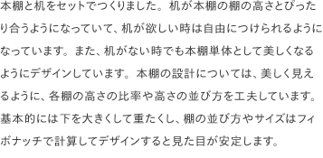 本棚と机をセットでつくりました。机が本棚の棚の高さとぴったり合うようになっていて、机が欲しい時は自由につけられるようになっています。また、机がない時でも本棚単体として美しくなるようにデザインしています。本棚の設計については、美しく見えるように、各棚の高さの比率や高さの並び方を工夫しています。 基本的には下を大きくして重たくし、棚の並び方やサイズはフィボナッチで計算してデザインすると見た目が安定します。