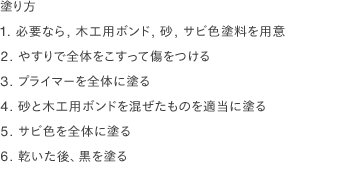 塗り方
                1. 必要なら, 木工用ボンド, 砂, サビ色塗料を用意
                2. やすりで全体をこすって傷をつける
                3. プライマーを全体に塗る
                4. 砂と木工用ボンドを混ぜたものを適当に塗る
                5. サビ色を全体に塗る
                6. 乾いた後、黒を塗る
