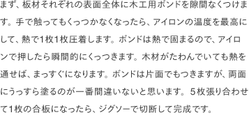 まず、板材それぞれの表面全体に木工用ボンドを隙間なくつけます。 手で触ってもくっつかなくなったら、アイロンの温度を最高にして、熱で1枚1枚圧着します。 ボンドは熱で固まるので、アイロンで押したら瞬間的にくっつきます。 木材がたわんでいても熱を通せば、まっすぐになります。 ボンドは片面でもつきますが、両面にうっすら塗るのが一番間違いないと思います。5枚張り合わせて1枚の合板になったら、ジグソーで切断して完成です。
