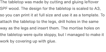 The tabletop was made by cutting and gluing leftover SPF wood. The design for the tabletop is scaled to A3, so you can print it at full size and use it as a template. To attach the tabletop to the legs, drill holes in the same way as the legs and insert them. The mortise holes on the tabletop were quite sloppy, but I managed to make it work by covering up with glue. 