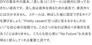 DIYの基本中の基本、「差し金」と「スケール」は絶対に持っておきたい道具です。差し金は直角を測るための道具で、家具作りには欠かせません。スケールは、伸ばした後に固定できるタイプを選びましょう。”Pretty vacant（空っぽに見えるかもしれない）”な初心者の段階でも、この2つがあれば測るべき場所を見失うことはありません。こちらも初心者に<a href="https://www.youtube.com/watch?v=02D2T3wGCYg" target="_blank">"No Future"</a>な未来を明るく照らしてくれる重要工具です。