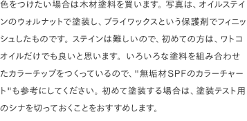 色をつけたい場合は木材塗料を買います。 写真は、オイルステインのウォルナットで塗装し、ブライワックスという保護剤でフィニッシュしたものです。 ステインは難しいので、初めての方は、ワトコオイルだけでも良いと思います。いろいろな塗料を組み合わせたカラーチップをつくっているので、<a href="/scrap/article/2020-12_wood-color-chart/">"無垢材SPFのカラーチャート"</a>も参考にしてください。 初めて塗装する場合は、塗装テスト用のシナを切っておくことをおすすめします。