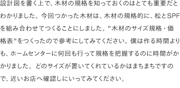 設計図を書く上で、木材の規格を知っておくのはとても重要だとわかりました。 今回つかった木材は、木材の規格的に、松とSPFを組み合わせてつくることにしました。 <a href="/scrap/article/2020-12_wood-size-table/">"木材のサイズ規格・価格表"</a>をつくったので参考にしてみてください。 僕は作る時間よりも、ホームセンターに何回も行って規格を把握するのに時間がかかりました。どのサイズが置いてくれているかはまちまちですので、近いお店へ確認しにいってみてください。