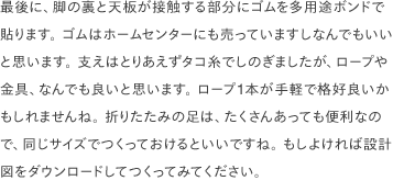 最後に、脚の裏と天板が接触する部分にゴムを多用途ボンドで貼ります。 ゴムはホームセンターにも売っていますしなんでもいいと思います。 支えはとりあえずタコ糸でしのぎましたが、ロープや金具、なんでも良いと思います。 ロープ1本が手軽で格好良いかもしれませんね。 折りたたみの足は、たくさんあっても便利なので、同じサイズでつくっておけるといいですね。 もしよければ<a href="/common/pdf/plans/tablelegs02.pdf" target="_blank">設計図</a>をダウンロードしてつくってみてください。