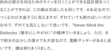 斜めの部分を切るためのラインを引くことができる設計図をつくることができれば、この脚は完成したも同じです。 4本足なので、つくるのが大変そうに見えますが、ずれていても削ればいいだけなので、ずれても気にしないで良いです。 ”<a class="link-border" href="https://www.youtube.com/watch?v=yqrAPOZxgzU" target="_blank">Never Mind the Bollocks （勝手にしやがれ）</a>”の精神でいきましょう。ただ、手で削るのは少しの厚さでも大変なので、電動サンダーがあると良いです。僕は削りまくりました。